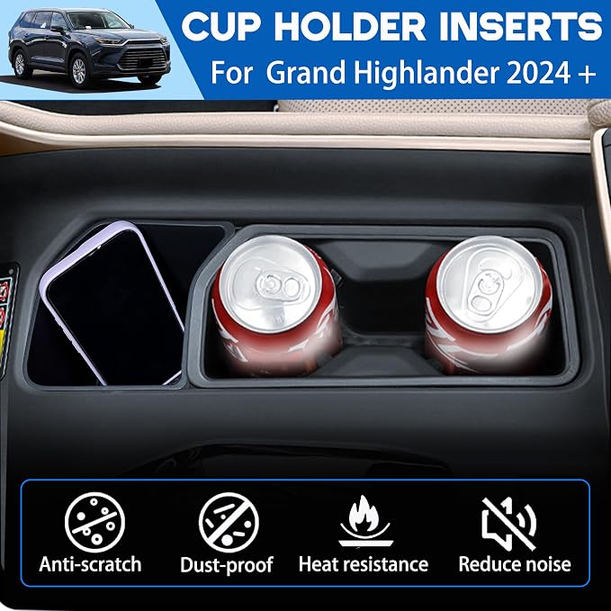 2PCS Center Console Cup Holder Inserts for 2024 2025 2026 Toyota Grand Highlander Accessories TPE Cup Holder Protector Drink Holder Coaster Liner for Grand Highlander Interior Black