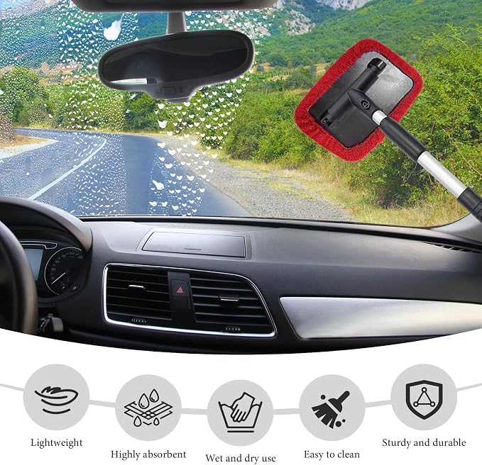 Car Windshield Cleaner Tool, Detachable Car Window Cleaner with Aluminum Extendable Handle & 2 Reusable Cloth Pads, Washable Vehicle Windshield Cleaning Wand for Exterior (Red)