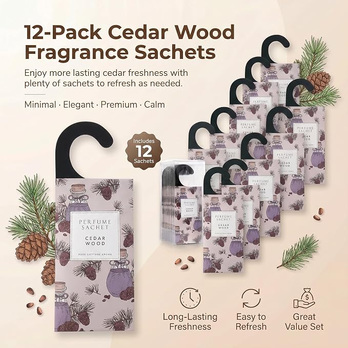 Large 12 Packs Cedar Wood Hanging Closet Deodorizer Air Freshener Long Lasting Scented Sachets Smell Goods for House