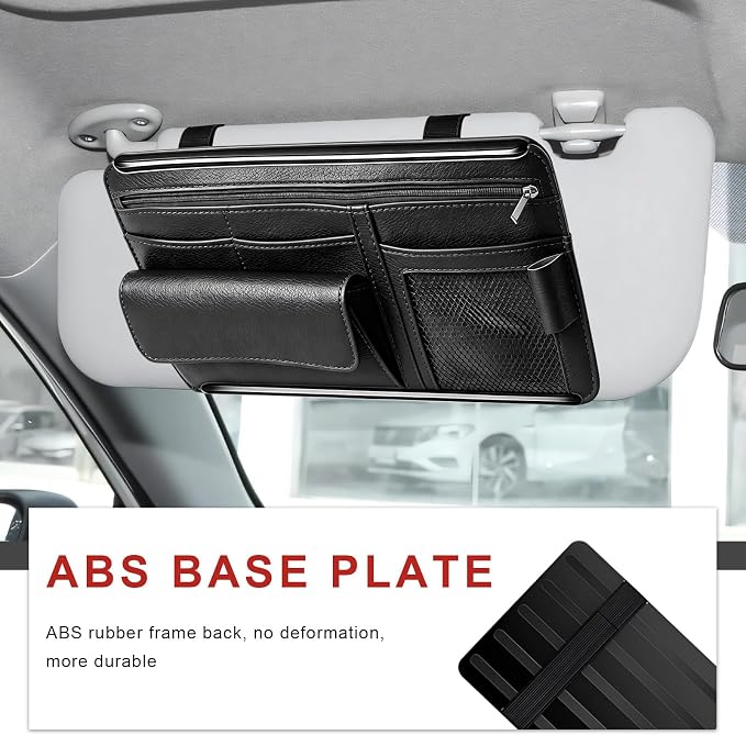 Car Sun Visor Organizer, Scratch-Resistant Auto Visor Glasses Storage Bag with Multi-Pocket Net Zipper, Waterproof Leather Sunshade Organizer Card Holder for Most Vehicles (Black)