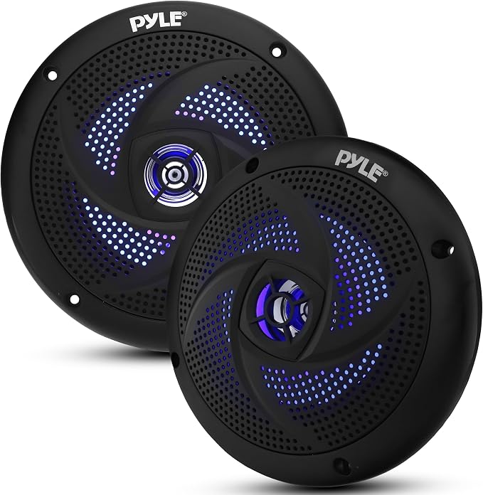 Pyle Waterproof Marine Speakers, 6.5 Inch Low-Profile Slim Mount 240 Watt Speaker Pair with Built-in Blue LED Lights, Weather-Resistant, ABS Grille, Ideal Waterproof Speaker for Boats & Powersports