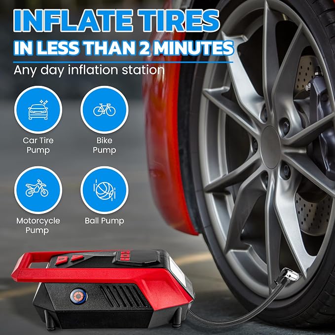 Bullseye 12V DC Car Tire Inflator Portable Air Compressor - Rapid 2 Minute Inflation, Auto Shut-Off, Max 150 PSI, Easy Cord Storage, Digital Pressure Gauge, LED Display - (Red) - As Seen on TV
