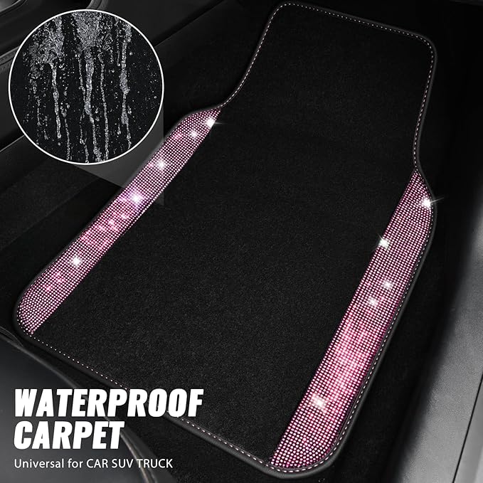Bling Diamond Leather Steering Wheel Cover 14.5in-15in Floor Mats Shining Rhinestone Carpet Sparkly Glitter Crystal Anti-Slip Pad Fit Automotive SUV Pickup Truck Girl Women, 5pcs Black Pink