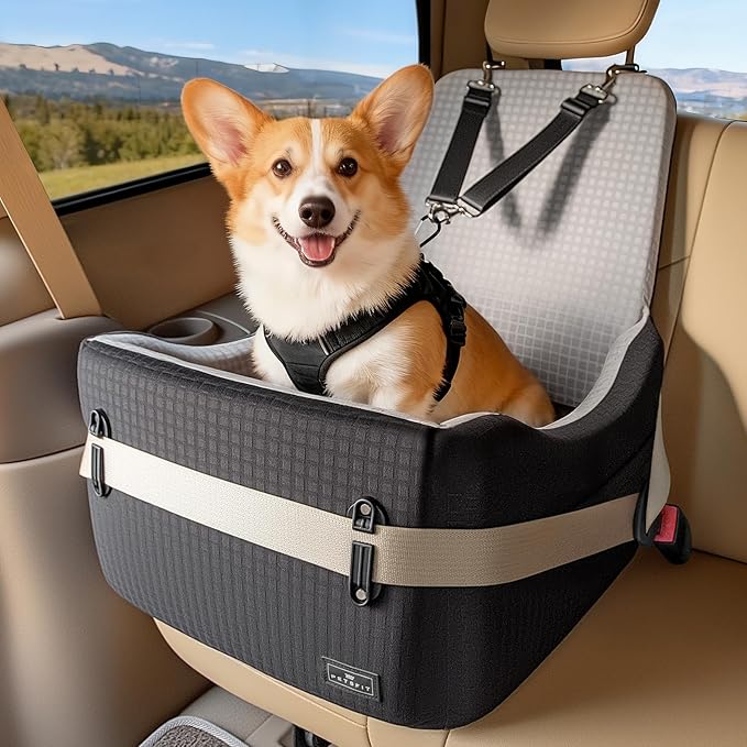 Dog Car Seat for Small/Medium Dogs Up to 35 lbs – Patented Safety System, 5" Memory Foam Pet Booster Car Seat, Fully Detachable and Washable Dog Carseat with 2 Storage Pockets (Black & Grey)