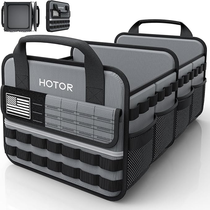 Tactical Car Trunk Organizer - Foldable Trunk Organizer for SUV with Front MOLLE Pocket & Reflective Strips, Essential Car Accessories for Tools & Outdoor Storage, 12.8" x 21.7" x 11.0", Grey
