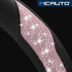Steering Wheel Cover, Pink Sparkly Crystal Bling Glitter with Leather, Universal Fit 14.5"-15.5" Car Steering Wheels for Girls & Women, Anti-Slip Wheels Cover for Cars, Trucks, Van, SUVs