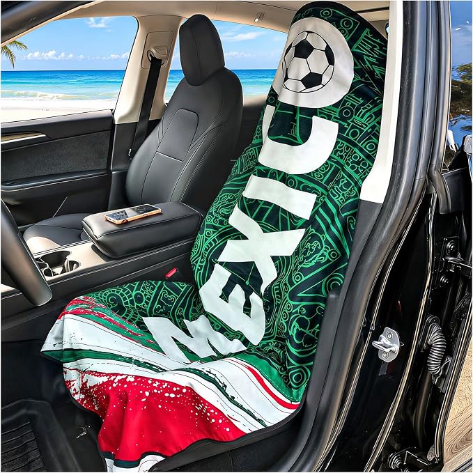Car Seat Cover Towel, Universal Fit Front Seat 57 x 30 Inch Non Slip Soft Waterproof Absorbent instantly Sweat Protector, for Gym Workout, Swimming, Beach, Soccer, Pet travel (Mexico Soccer Style)