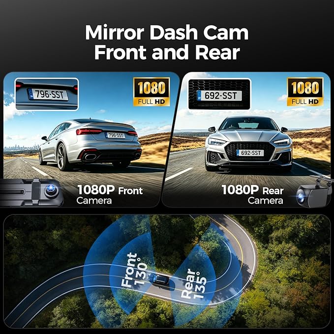 Mirror Dash Cam,Rear View Mirror Camera 10'', 1080P FHD Full Touch Screen Dash Cam Front and RearCam with Night Vision, Streaming Media 170°Wide Angle Parking Assistance Free 32GB Card