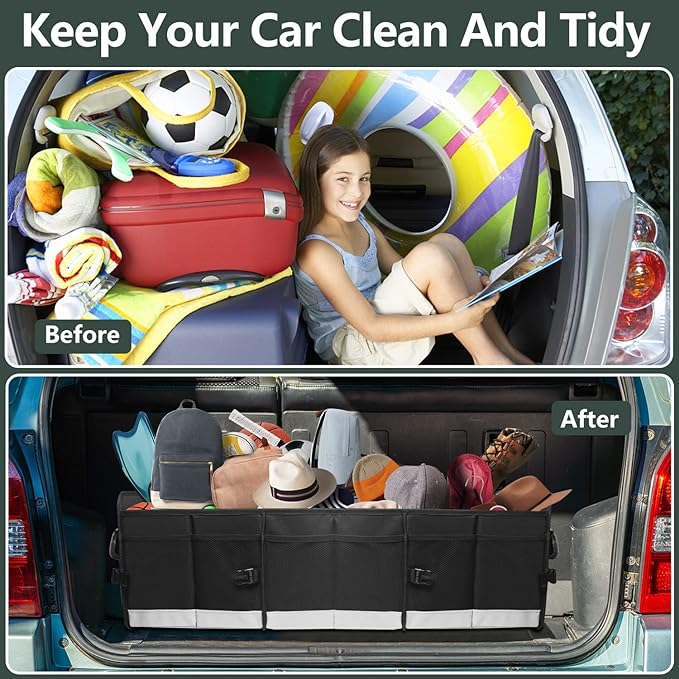 Trunk Organizer - 95L Extra Large Capacity SUV Cargo Storage, Collapsible Waterproof Design with Non-Slip Bottom & Retractable Straps, Car Organizers for SUV, Truck, Sedan