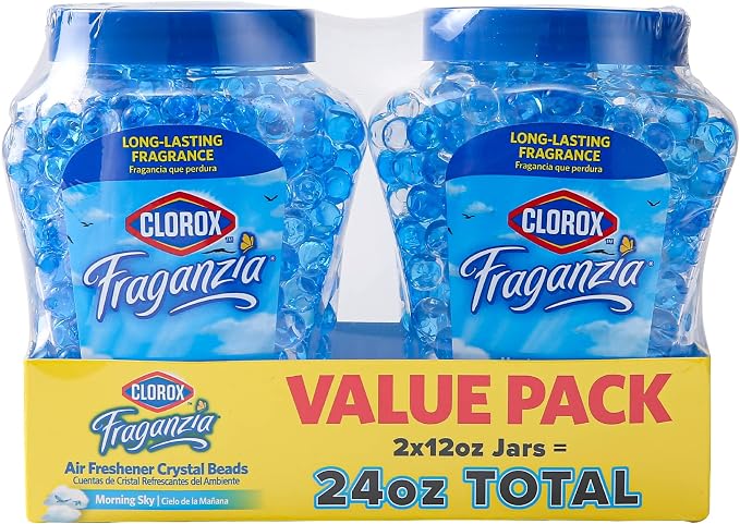 Fraganzia Crystal Beads Air Freshener Twin Pack, Long Lasting Room Deodorizer and Odor Eliminator Gel Beads for Home, Car, or Office, Morning Sky Scent, 24 Fl Oz - 6 Pack