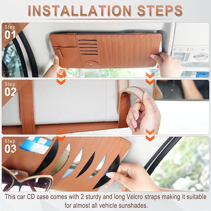 Sun Visor CD Case Holder for Car - Multi-Function Visor Organizer with CD/DVD Storage, Eyeglass Clip, Card Slots & Pen Holder, Durable Leather Car Accessories (Orange)