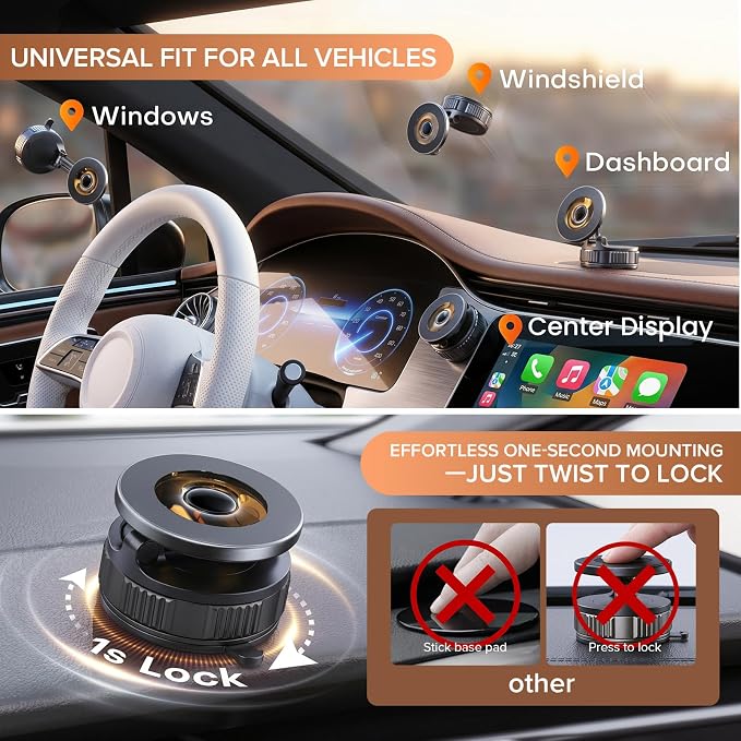 Magnetic Car Phone Mount for MagSafe, 360° Suction Cup Holder | 98lb Vacuum Suction, N55 Magnets, Twist-Lock Nano Gel Cup, Dual-Axis Arm, Foldable Pocket Size, Adjustable, iPhone 12–17