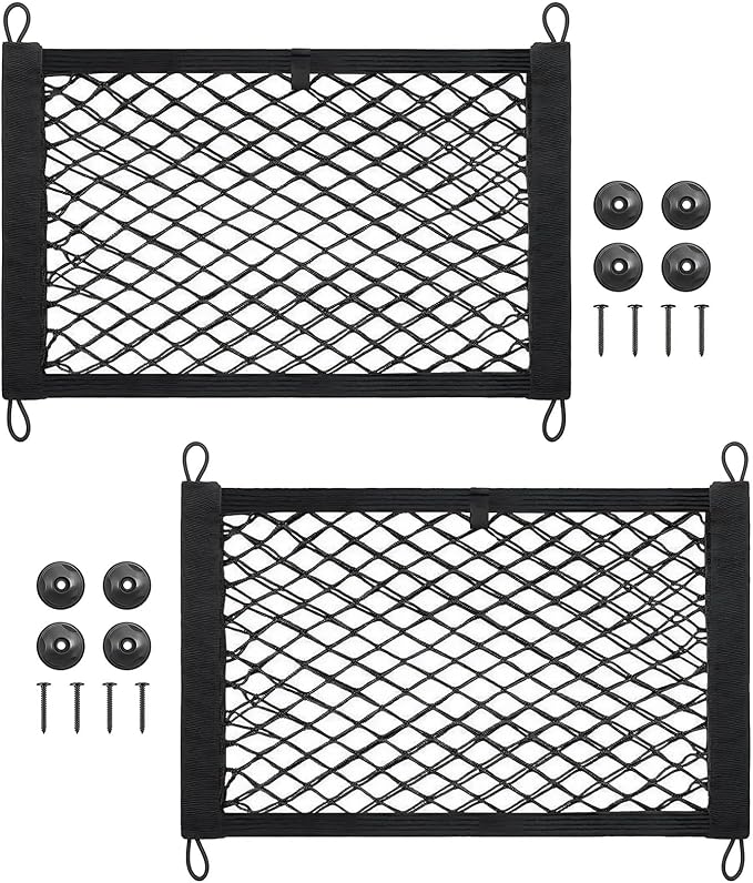 2 Pcs Small Cargo Net, 17.7 ×9.8in Mesh Pocket Elastic Bag | Stretchable Car Net Pocket Storage with 8 Mounting Screws and Hooks for Suv/Car/Truck/RV/Boat