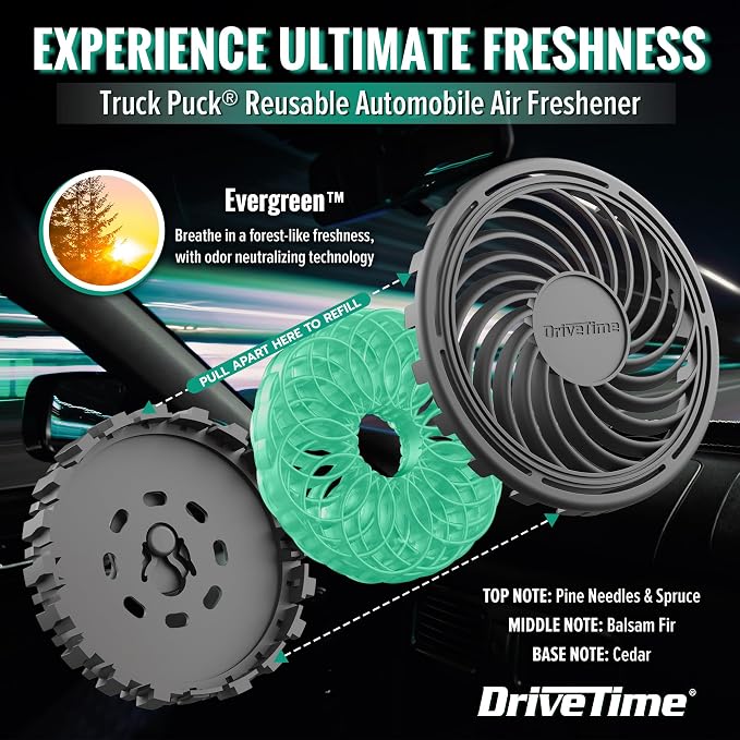 Truck Puck Evergreen Fragrance Car Air Freshener – Long-Lasting Car Deodorizer, Refillable Vent & Visor Clip Auto Air Freshener for Car, Truck & SUV, Premium Fragrance, Pack of 3