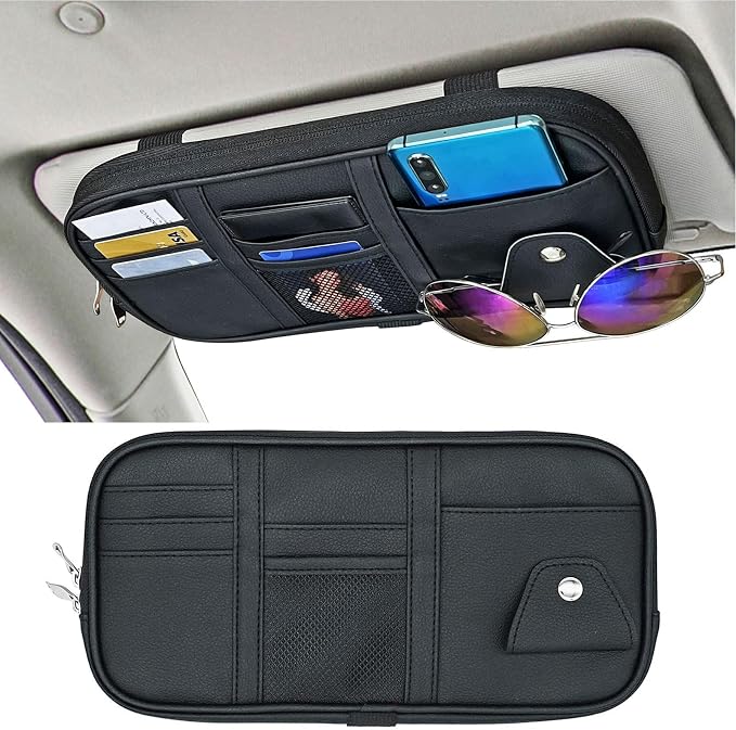 Car Visor Organier Truck SUV Sun Visor Storage Pocket PU Leather Pouch Holder with Multi-Pocket Double Zipper Net Pocket, for Cards Pens Sunglasses Document (Black)