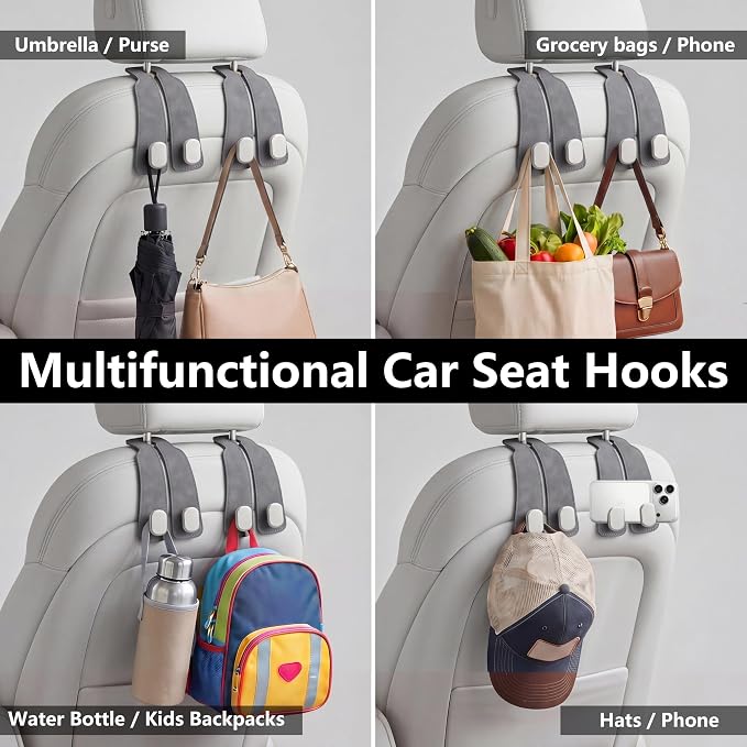 Car Seat Headrest Hooks for Purses & Shopping Bags, 2 Pack Suede Car Purse Hook, Double Hooks Secure Bags While Driving, Elegant & Durable, Simple to Install, Fits Handbags, Grocery Bags, Bottles.