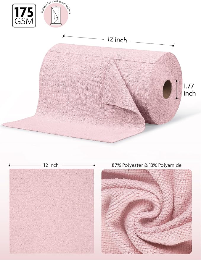 Microfiber Cleaning Cloth Rolls- 150 Sheets (2 Rolls of Pink) | 12'' by 12'', Super Absorbent, Lint-free, Tear-away Microfiber Towel Roll, for All-Purpose Cleaning