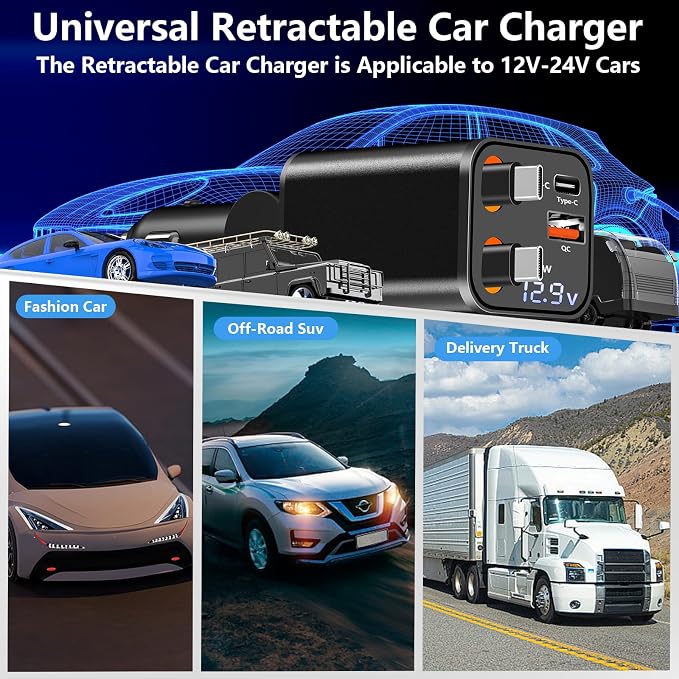 [Apple MFi Certified] Retractable Car Charger, 120W USB C Car Charger Dynamic Power Adapter 4 in 1 PD/QC Type C Fast Charging Cigarette Lighter for iPhone 17/17 Pro Max/16 Pro/15/Galaxy/Pixel