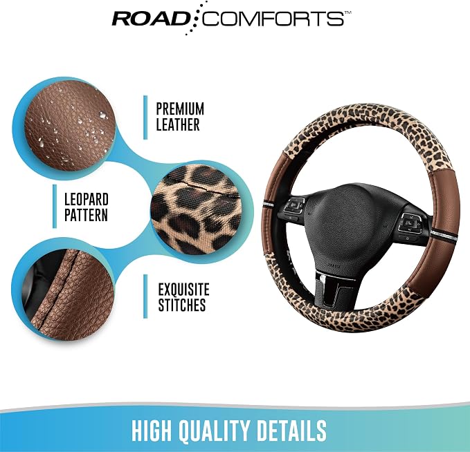 Leopard Steering Wheel Cover for Women, Cute Anti-Slip Microfiber Leather, Universal Fit 14.5-15 Inch Round Steering Wheel - Brown