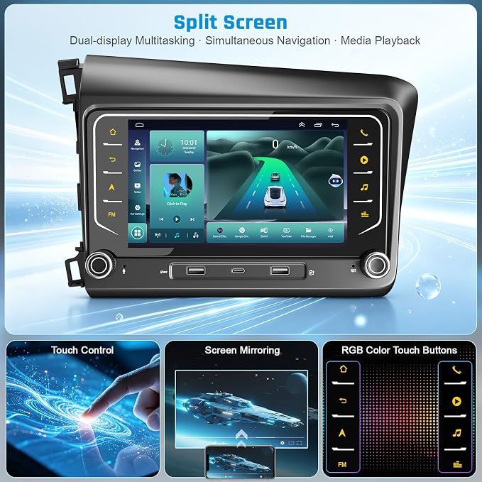 5G WiFi Upgrade Android 15 Car Radio for Honda Civic 2012 2013 2014 2015, 7 Inch IPS Touch Screen with Wireless CarPlay Android Auto, GPS/Bluetooth/FM/SWC/Type C/1080P Backup Camera, 4+64G