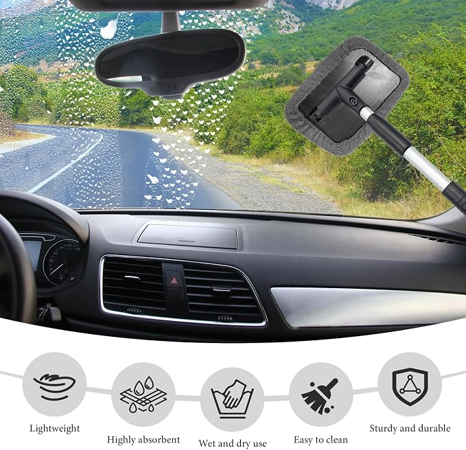 Car Windshield Cleaner Tool, Detachable Car Window Cleaner with Aluminum Extendable Handle & 2 Reusable Cloth Pads, Washable Vehicle Windshield Cleaning Wand for Exterior (Gray)
