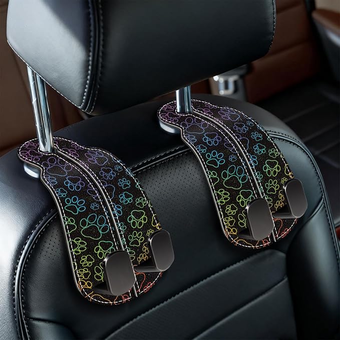 2PCS Car Seat Back Storage Headrest Hooks, Dog Paw Purse Holder Bags Hanger, PU Leather Double Metal Hook for Backseat Organizer, Women Car Accessories Organization