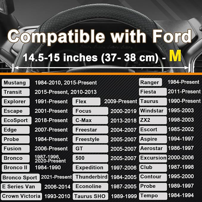 Customized Auto Car Steering Wheel Cover for Ford Escape,Explorer,Fusion,Focus,Bronco,Transit,Edge (Black- Standard Size)