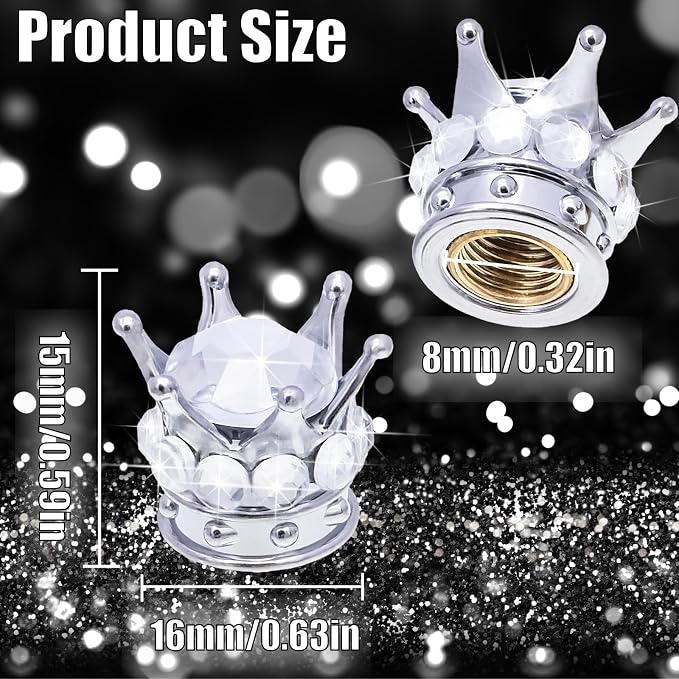 4PCS Crown Bling Tire Stem Valve Caps, Crystal Diamond Car Wheel Tire Valve Caps Universal Copper Core Stem Covers for Cars, SUV, Trucks, Bikes, Motorcycles, Bicycles (Silver)