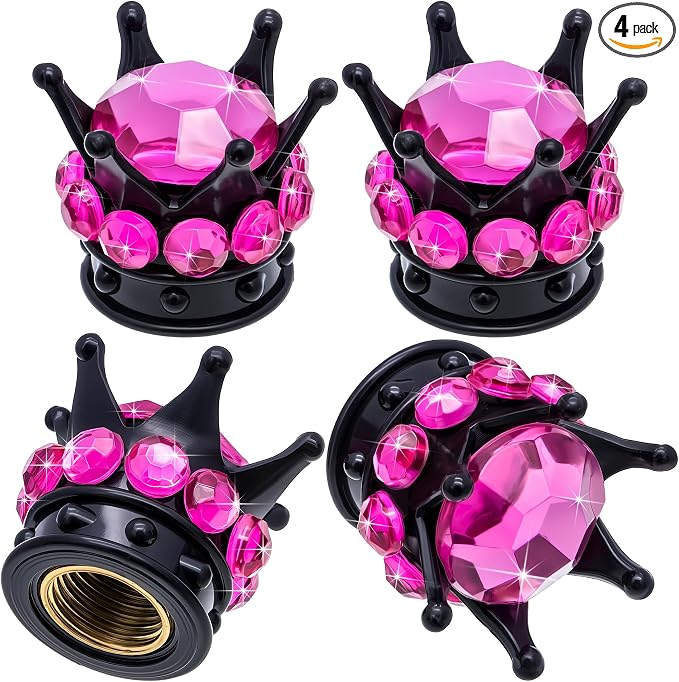 4PCS Crown Bling Tire Stem Valve Caps, Crystal Diamond Car Wheel Tire Valve Caps Universal Copper Core Stem Covers for Cars, SUV, Trucks, Bikes, Motorcycles, Bicycles (Black & Rose Red)