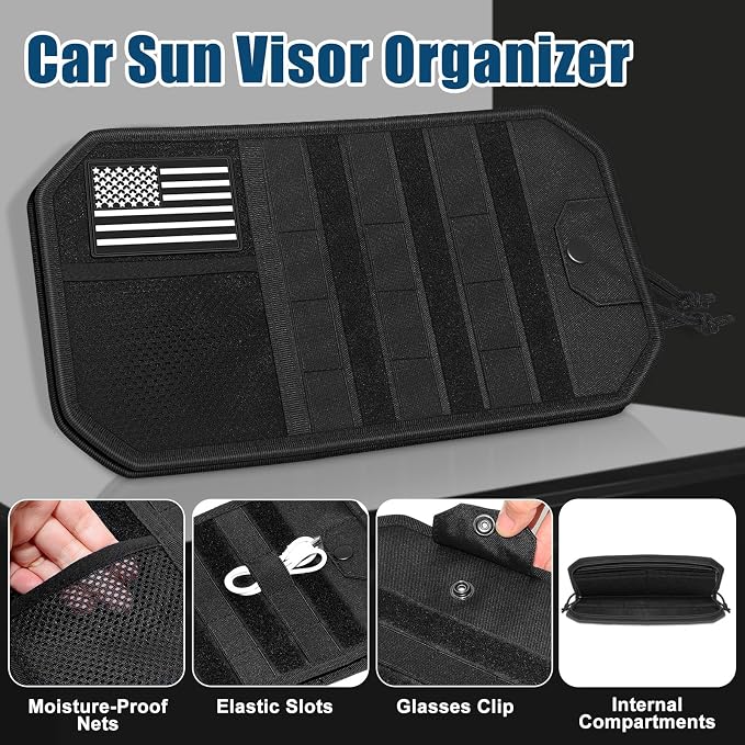 Car Sun Visor Organizer, Car Visor Organizer with Multi-Pocket Net Zipper, Sun Visor Storage with Multiple Storage Compartments for Universal Most Vehicles, 2 Pcs, Black