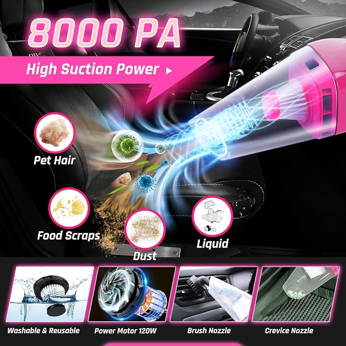 38PCS Car Detailing Kit Interior Cleaner with High Power Handheld Vacuum, Car Wash kit with Detailing Brush Set,Car Interior Detailing Kit, Pink Car Accessories for Motorcycle,Cars,Gift for Women