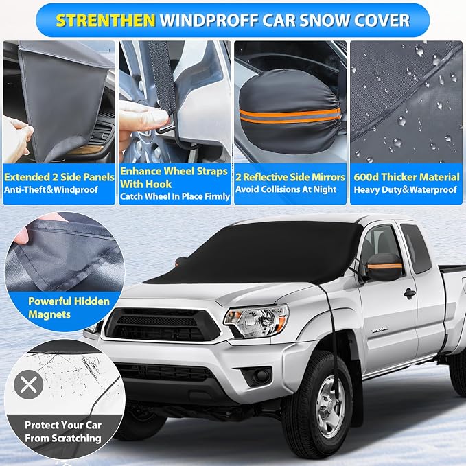 Windshield Cover for Ice and Snow, 600D Oxford Windshield Snow Cover with Side Mirror Covers Magnetic Car Cover for Snow Frost Winter Windshield Covers Fits Car Truck Van SUV (77x 47 Inches)