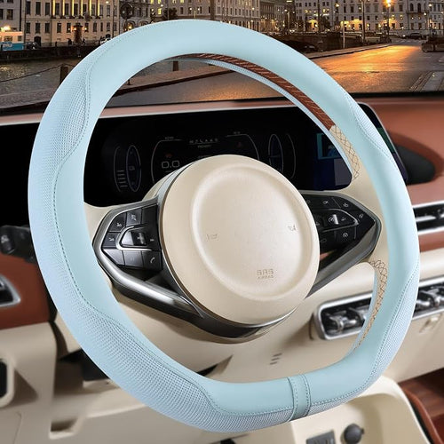 14 inch D Shaped Steering Wheel Cover for Prius Civic, Nappa Microfiber Leather Non-Slip Breathable Fabric, Warm in Winter and Cool in Summer, Blue Small 13.5 inch to 14 inch