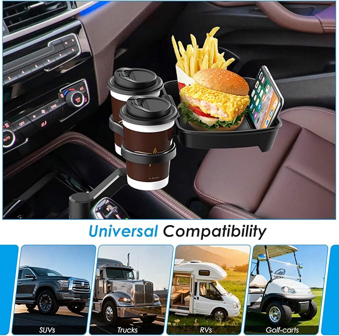 4-in-1 Car Cup Holder Expander, Universal Tray with Phone Mount for Truck | Compatible with 2.6"-3.94" cup holders. Large food tray fits snacks, drinks & devices.