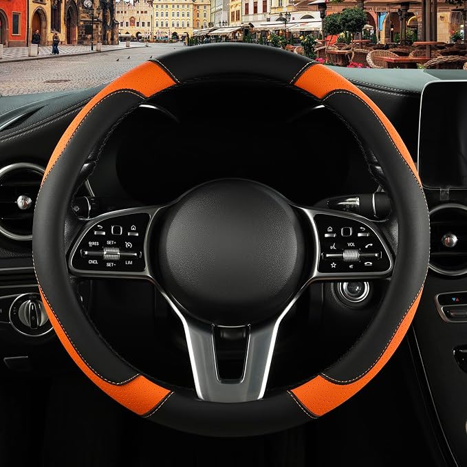Black Orange Microfiber Leather Steering Wheel Cover 15 inch | Breathable Anti Slip Grip Cool Sporty Look Glow for Women Men