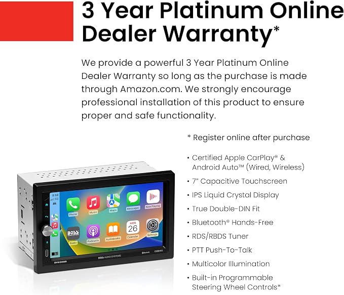 BV9358B Car Stereo – Wireless CarPlay Android Auto, Double Din, 7 Inch Touchscreen, Bluetooth, NO CD DVD Player, AM/FM Radio Receiver, A/V Input, USB