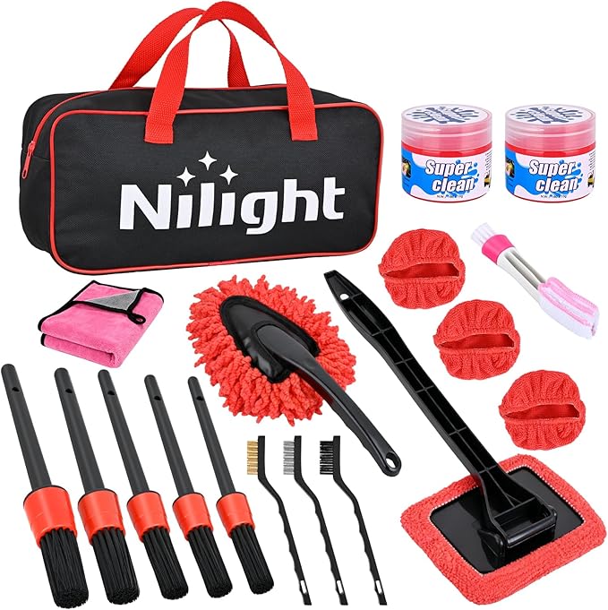 15PCS Car Detailing Kit Auto Cleaning Tools Wash Set with Storage Carry Bag Beginners Easy to Use for Interior Exterior Car Care Clean Windshield Dashboard Seat Air Vents Wheels Tires, Red