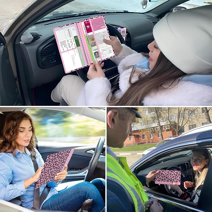 Car Registration and Insurance Holder, with Magnetic Closure for License, Cards and Documents, All Vehicle Needs and Car Accessories (Leopard-Pink)