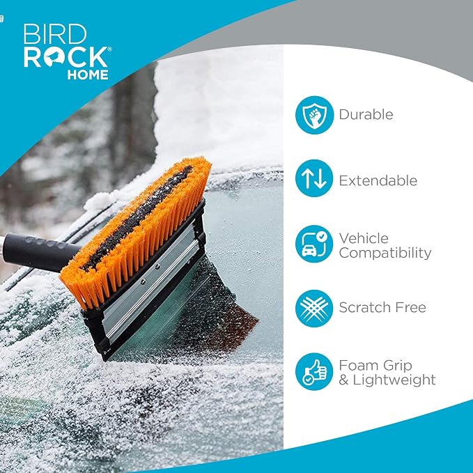 39" Extendable Snow Brush with Detachable Ice Scraper for Car - Portable Snow Removal Tool for Windshield & Vehicles - Flexible Handle, Ergonomic Grip, 11" Wide Squeegee & Bristle Head