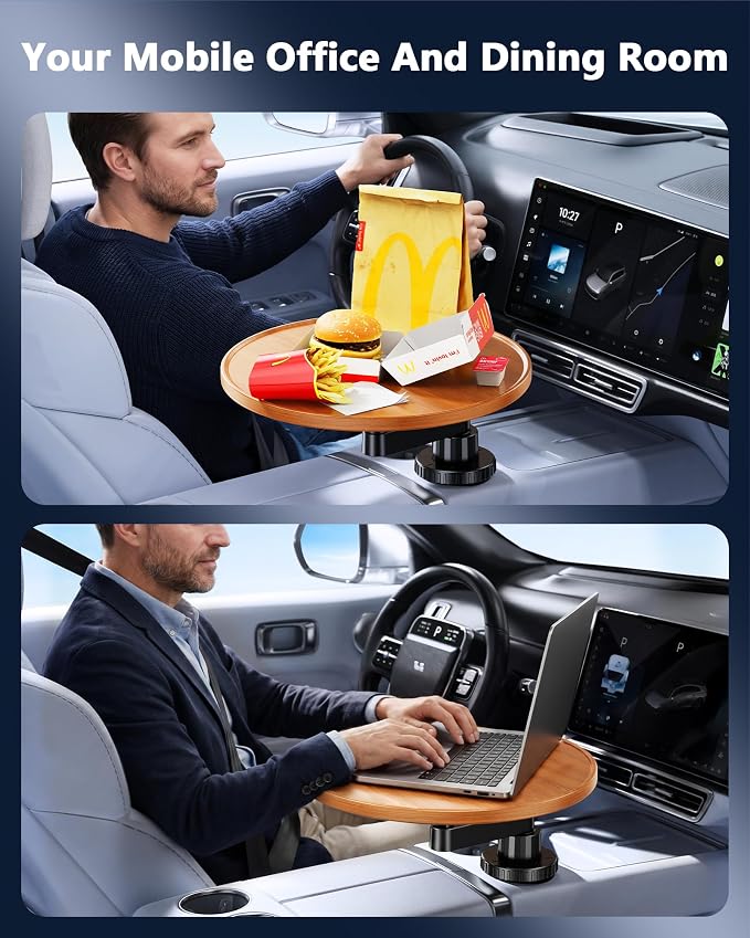 360° Rotating Wood Car Cup Holder Tray, Car Desk for Laptop, Car Food Tray Table for Eating Lunch, Cup Holder Expander, Long Road Trip Essentials Travel Patrol Accessories for Semi Truck Rv