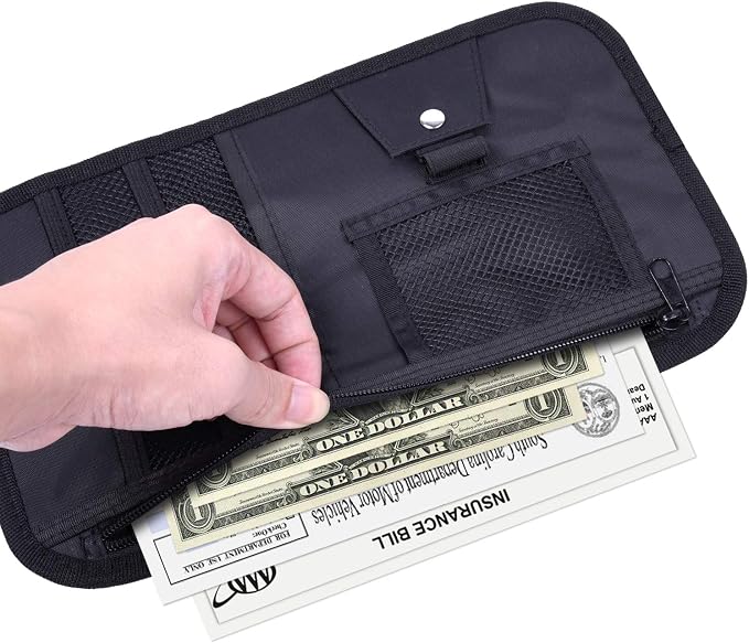 Car Sun Visor Organizer, Vehicle Interior Accessories Storage Pouch Auto Registration Holder with Elastic Strap for Sunglass, Documents, Cards, Pen, Drivers License, etc. (Black)