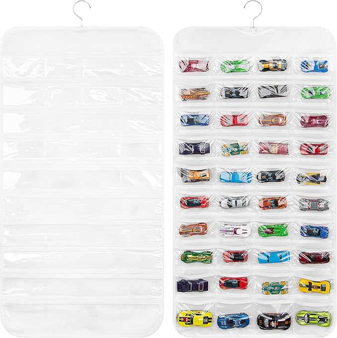 Hanging Organizers for Mini Car Double Sided 80 Pockets Display Case for Toy Cars(Without Toy Cars) (One Piece White)