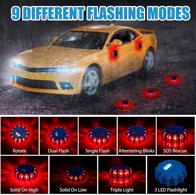 12 Pack LED Road Flares Emergency Lights Roadside 9 Flash Modes Warning Car Safety Beacon Magnet Hook Flashing Disc Flare Kit for Vehicles Car Truck Boats Holiday Gift (Blue)