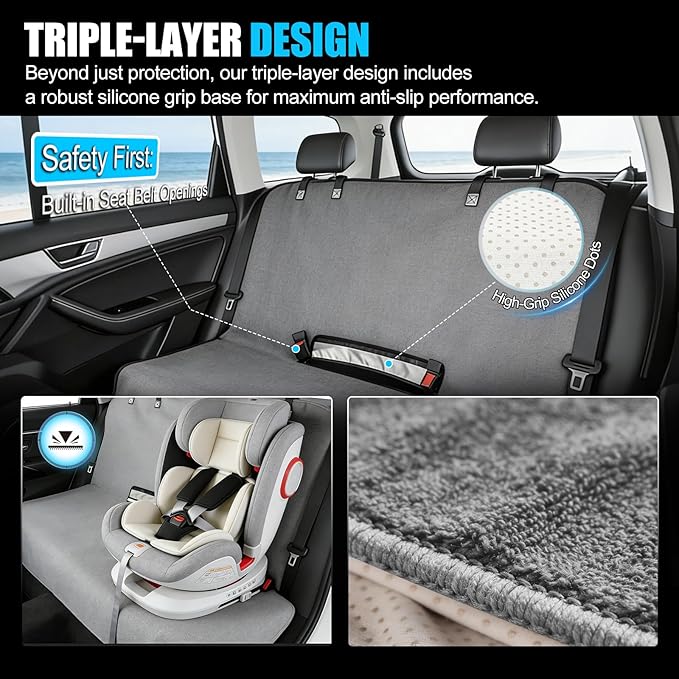 Waterproof Rear Bench Seat Cover for Kids and Pets, 3-Layer Back Seat Protector for SUVs, Sedans and Minivans, Machine Washable Non-Slip Towel Seat Cover for Spills, Pet Hair and Daily Mess