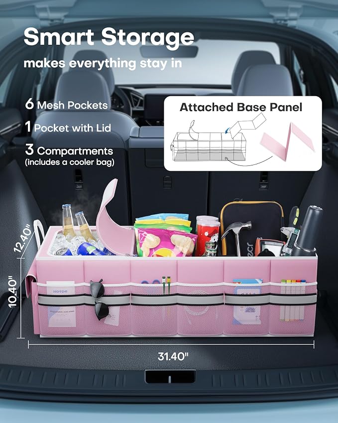 Trunk Organizer - Car Organizer with Built-In Leakproof Car Cooler, Collapsible Trunk Organizer with Cooler for Car, SUV, Sedan, with Base Panel (3 Compartments, Pink),31.9"×12.6"×10.6"