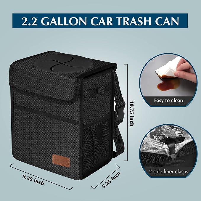 Femuar Leak Proof Car Trash Can with Lid - Waterproof Automotive Garbage Bin for SUVs, Collapsible and Portable Car Trash Bag, Black