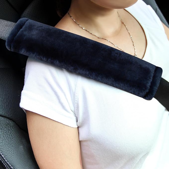 Soft Faux Fur Universal Fit Seatbelt Cover Car Truck SUV Airplane Seat Belt Shoulder Pad for Carmera Backpack Straps Neck Cushion Protector 2 Pack 10.5in Dark Blue
