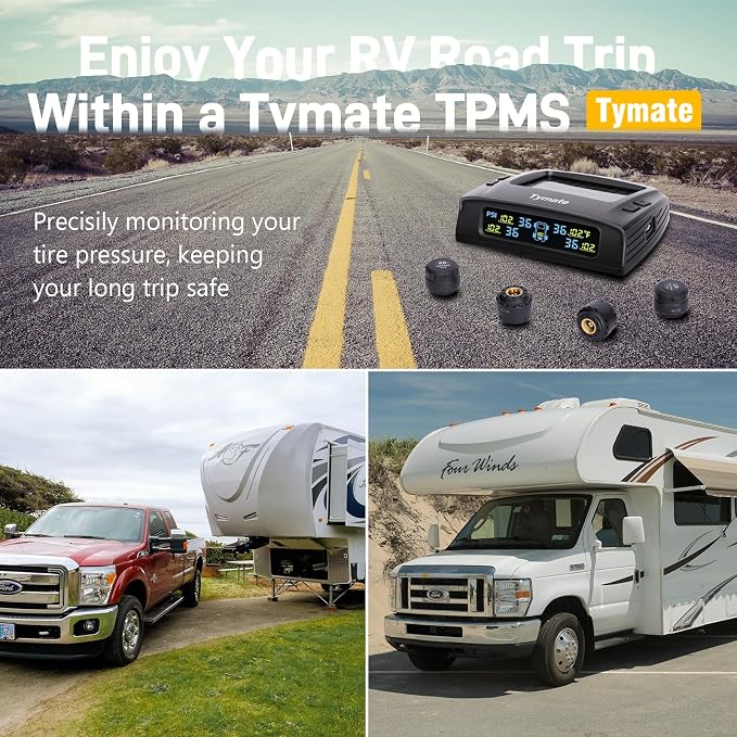 TM2 RV Tire Pressure Monitoring System, Tire Pressure Monitor with Solar Charge, TPMS with 4 Sensors(Max. 10) & 6 Alarm Modes, Color LCD Display, 0-144PSI for RV/Trailer/Truck/SUV/Fifth Wheel