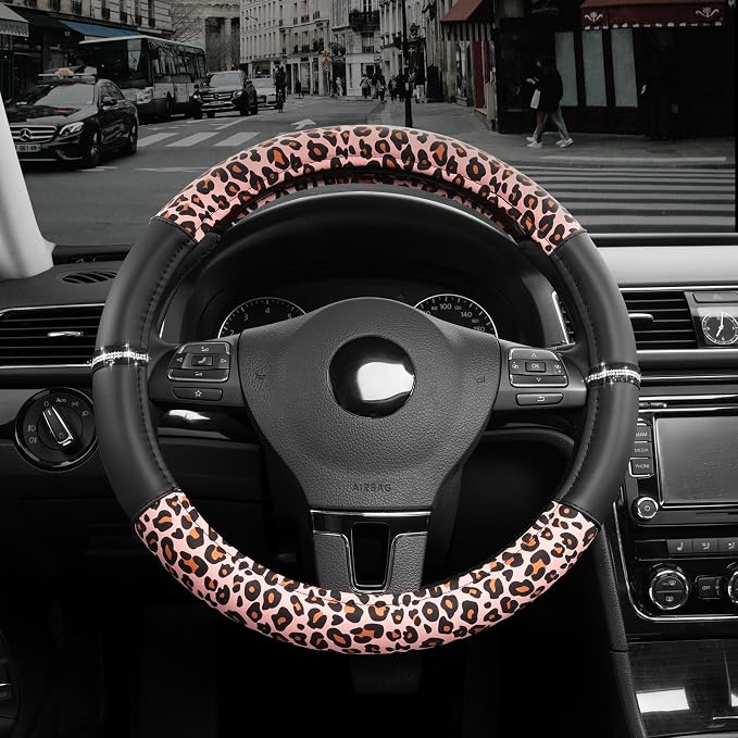 Leopard Steering Wheel Cover for Women, Cute Anti-Slip Microfiber Leather, Fits 14.5-15 Inch Steering Wheel 14.5-15 Inch - Black and Pink Cheetah