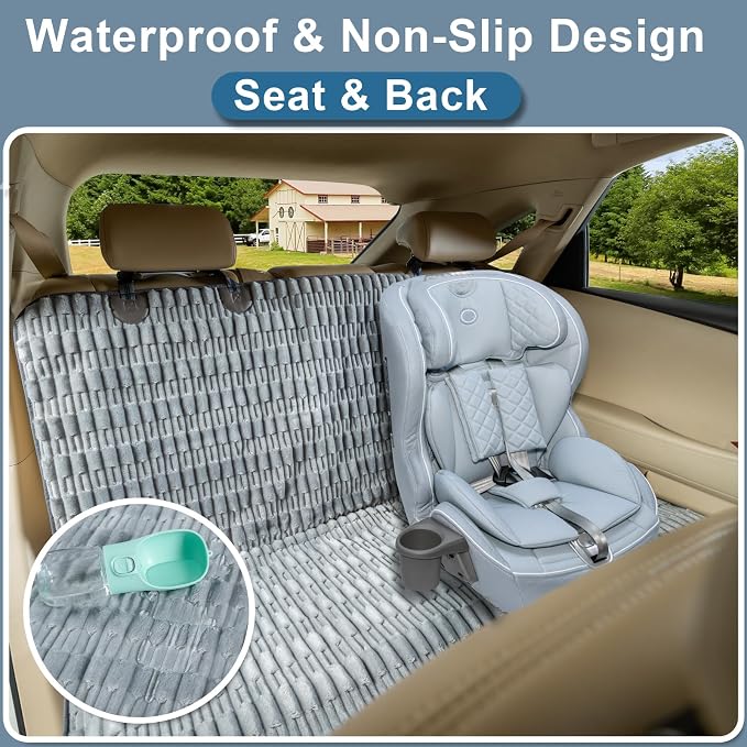 Dog Car Seat Cover for Back Seat, Soft Plush Waterproof Pet Protector with Non-Slip Bottom, Full Coverage Bench Cover Against Hair, Dirt and Scratches for Cars SUVs and Trucks (Grey, Back)